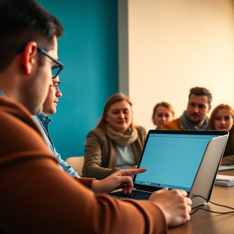 Instructor StrategyCorner arătând un ecran de laptop unui grup de cursanți