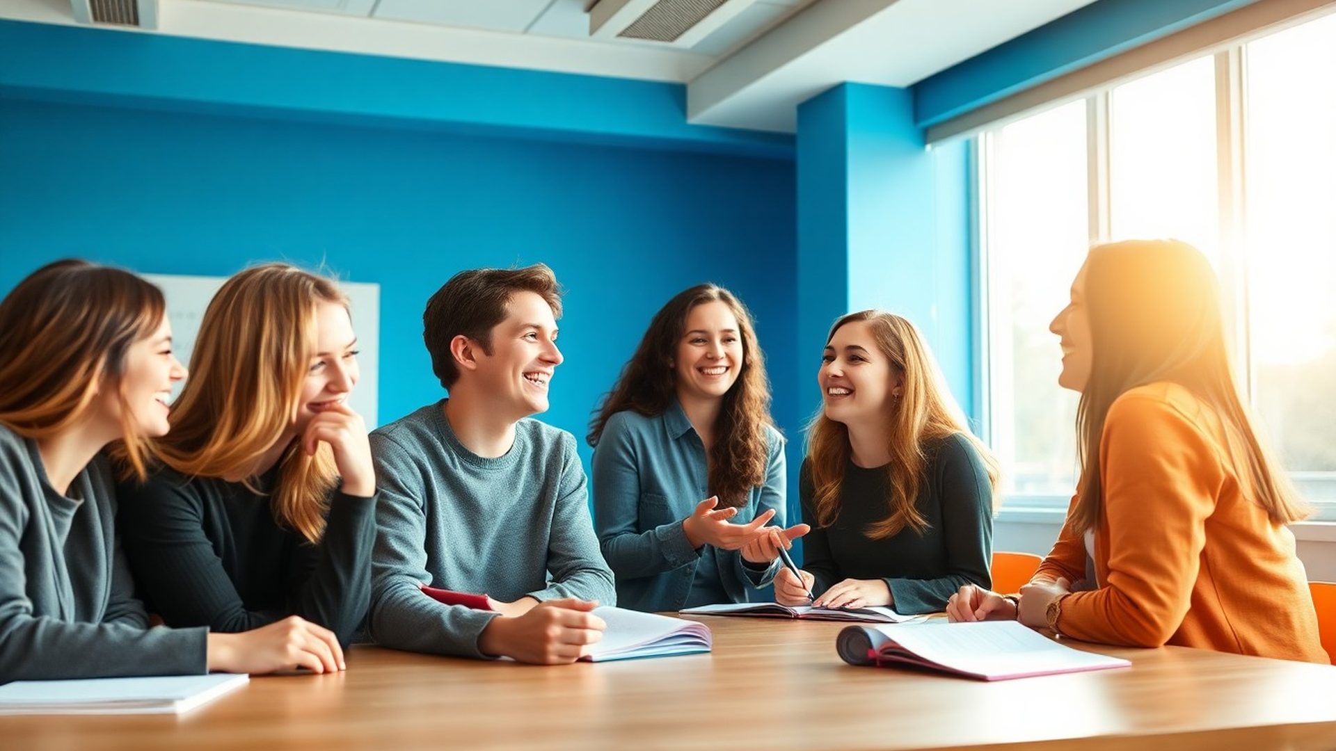 Studenți lucrând împreună într-o sală luminoasă de la StrategyCorner